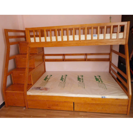 EU192 - Oak : Giường 2 Tầng, 2 Hộc Kéo + Cầu Thang Đảo Chiều, Giá Sách - Trên 1m / Dưới 1m4